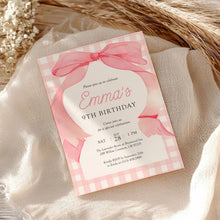 Load image into Gallery viewer, 0318 pink bow gingham birthday invitation