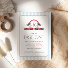 Load image into Gallery viewer, Fast One Red Monogram Crest 1st Birthday Invitation Editable, Boys Birthday 0330