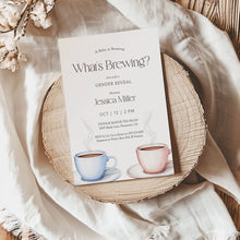 Load image into Gallery viewer, 2023 What’s Brewing Gender Reveal Invitation, Coffee Tea Editable Template