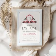 Load image into Gallery viewer, Fast One Red Monogram Crest 1st Birthday Invitation Editable, Boys Birthday 0330