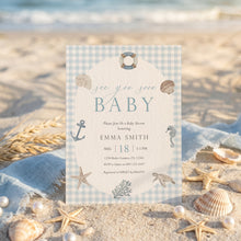 Load image into Gallery viewer, Sea You Soon Baby Shower Invitation, Blue Gingham Editable Template 2045