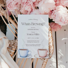 Load image into Gallery viewer, 2023 What’s Brewing Gender Reveal Invitation, Coffee Tea Editable Template