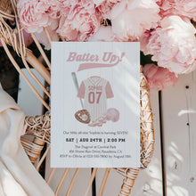 Load image into Gallery viewer, 0314 pink batter up birthday invitation template