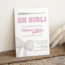 Load image into Gallery viewer, Corjl editable pink oh girl baseball baby shower invitation template 2016