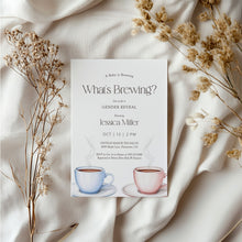 Load image into Gallery viewer, 2023 What’s Brewing Gender Reveal Invitation, Coffee Tea Editable Template