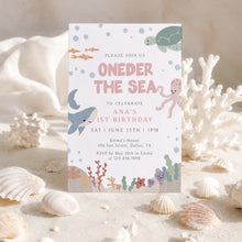 Load image into Gallery viewer, Pink Oneder the Sea Birthday Invitation Editable Pink Summer Pool Party 1st Birthday Invite 0339
