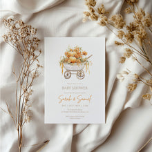 Load image into Gallery viewer, 2025 pumpkin carrier fall baby shower invitation template