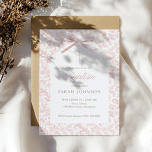 Load image into Gallery viewer, Pink Floral Baptism Invitation, Coquette Bow Toile Christian Girl Baptism Invite 0502