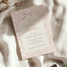 Load image into Gallery viewer, Pink Floral Baptism Invitation, Coquette Bow Toile Christian Girl Baptism Invite 0502