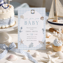 Load image into Gallery viewer, Sea You Soon Baby Shower Invitation, Blue Gingham Editable Template 2045