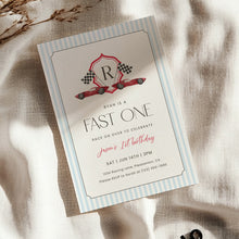 Load image into Gallery viewer, Fast One Red Monogram Crest 1st Birthday Invitation Editable, Boys Birthday 0330