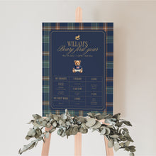 Load image into Gallery viewer, 0327 Teddy Bear Navy Plaid 1st Birthday Milestone Board Template | 12-Month Growth Chart Digital Download