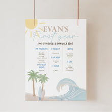 Load image into Gallery viewer, The Big One Milestone Board Editable Surf Birthday Sign Coastal Beach 1st Birthday Poster Template 0338