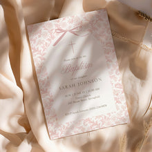 Load image into Gallery viewer, Pink Floral Baptism Invitation, Coquette Bow Toile Christian Girl Baptism Invite 0502