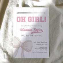 Load image into Gallery viewer, Corjl editable pink oh girl baseball baby shower invitation template 2016