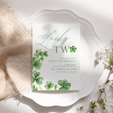 Load image into Gallery viewer, 0804 Lucky Two Birthday Invitation, Clover Irish St. Patrick's Second Birthday Invite, Digital Download
