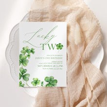 Load image into Gallery viewer, 0804 Lucky Two Birthday Invitation, Clover Irish St. Patrick's Second Birthday Invite, Digital Download