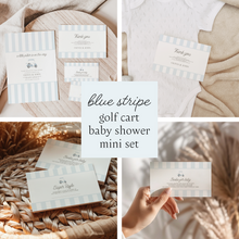 Load image into Gallery viewer, Editable light Blue Golf cart Baby Shower invitation mini set, Custom digital baby boy shower invite template, Modern Baby shower decor 0205