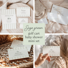 Load image into Gallery viewer, Editable sage green Golf cart Baby Shower invitation mini set, Custom digital baby boy shower invite template, books for baby card 0206