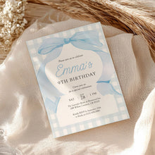 Load image into Gallery viewer, 0318 blue bow gingham birthday invitation
