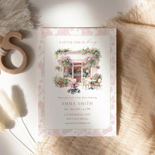 Load image into Gallery viewer, Baby Is Brewing Baby Shower Invitation, Pink Floral Cafe Editable Template Corjl 2044
