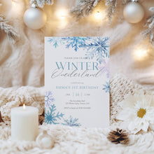Load image into Gallery viewer, 0319 Blue Winter ONE-derland 1st Birthday Invitation, Snowflake Watercolor Winter Wonderland Invite