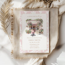 Load image into Gallery viewer, Baby Is Brewing Baby Shower Invitation, Pink Floral Cafe Editable Template Corjl 2044