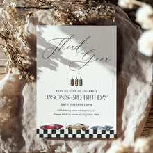 Load image into Gallery viewer, Third Gear Race Car 3rd Birthday Party Invitation For boy Editable Template 0330