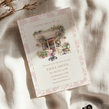 Load image into Gallery viewer, Baby Is Brewing Baby Shower Invitation, Pink Floral Cafe Editable Template Corjl 2044