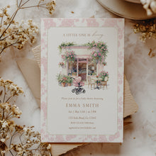 Load image into Gallery viewer, Baby Is Brewing Baby Shower Invitation, Pink Floral Cafe Editable Template Corjl 2044
