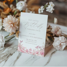Load image into Gallery viewer, 0328 floral butterfly 4th birthday invitation, editable template, digital download