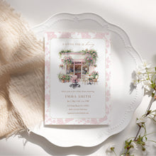 Load image into Gallery viewer, Baby Is Brewing Baby Shower Invitation, Pink Floral Cafe Editable Template Corjl 2044