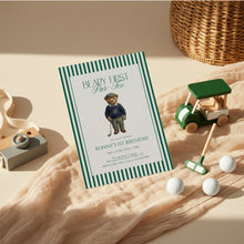 Load image into Gallery viewer, 0329 beary first teddy bear golf 1st birthday invitation, digital download, Corjl template