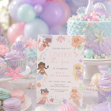 Load image into Gallery viewer, Mermaid Oneder the Sea 1st Birthday Invitation Watercolor Baby Girl Template 0340