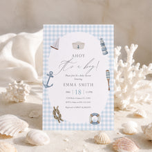 Load image into Gallery viewer, Boy Baby Shower Invitation, Blue Gingham Preppy Editable Template 2045