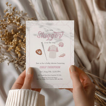 Load image into Gallery viewer, Corjl editable pink little slugger in on the way baby shower invitation 2016