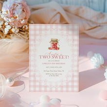 Load image into Gallery viewer, 0326 Two Sweet Girl 2nd Birthday Invite, Editable Template, Pink Gingham Strawberry, Digital Download