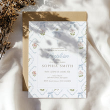 Load image into Gallery viewer, Coquette Bow Baptism Invitation Template, Blue Whimsical Floral Christian Girl Baptism 0502