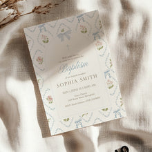 Load image into Gallery viewer, Coquette Bow Baptism Invitation Template, Blue Whimsical Floral Christian Girl Baptism 0502