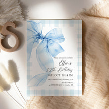 Load image into Gallery viewer, 0318 blue plaid bow birthday invitation
