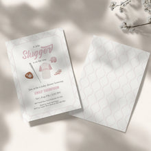 Load image into Gallery viewer, Corjl editable pink little slugger in on the way baby shower invitation 2016