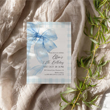 Load image into Gallery viewer, 0318 blue plaid bow birthday invitation