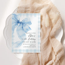 Load image into Gallery viewer, 0318 blue plaid bow birthday invitation