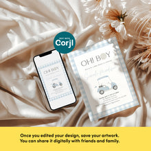 Load image into Gallery viewer, Editable Blue Golf Gingham Baby Shower Invitation