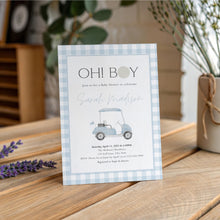 Load image into Gallery viewer, Editable Blue Golf Gingham Baby Shower Invitation