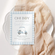 Load image into Gallery viewer, Editable Blue Golf Gingham Baby Shower Invitation