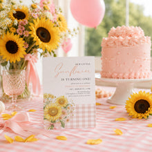 Load image into Gallery viewer, Pink Sunflower Birthday Invitation Watercolor Gingham Baby Girl Summer Template 0340