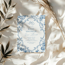 Load image into Gallery viewer, Corjl editable blue tolie de jouy baby shower invitation template 2 2015