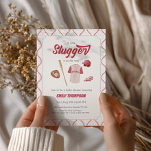 Load image into Gallery viewer, Corjl editable red little slugger in on the way baby shower invitation 2016