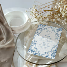 Load image into Gallery viewer, Corjl editable blue tolie de jouy baby shower invitation template 2 2015